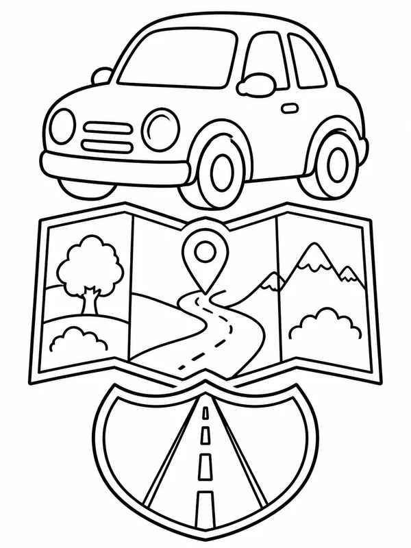 Three large themed objects for cars and road adventures coloring page printable line art