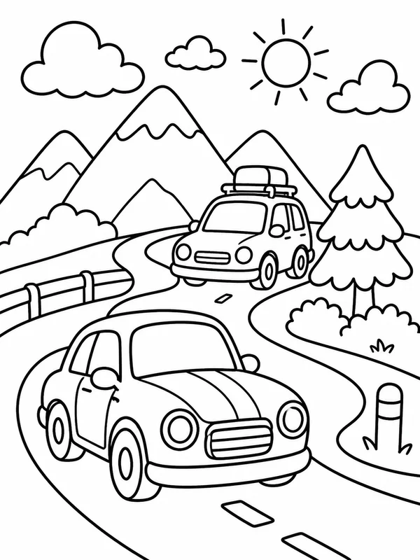 Easy cars and road adventures printable for kids printable line art