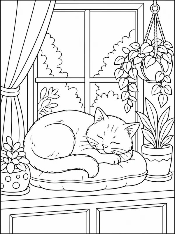 Sleepy adult cat resting on a window seat beside potted plants coloring page printable line art