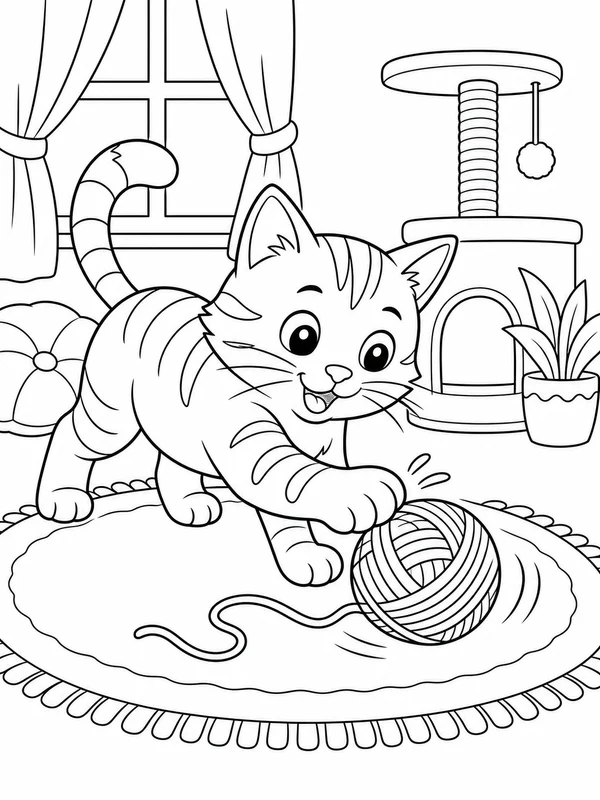 Playful tabby cat batting a ball of yarn across a cozy rug coloring page printable line art