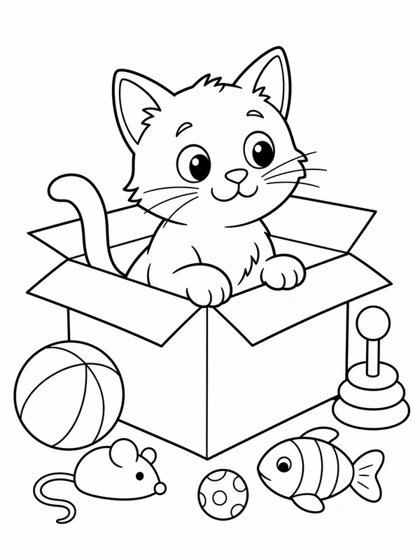 Curious cat sitting inside a cardboard box surrounded by coloring page printable line art