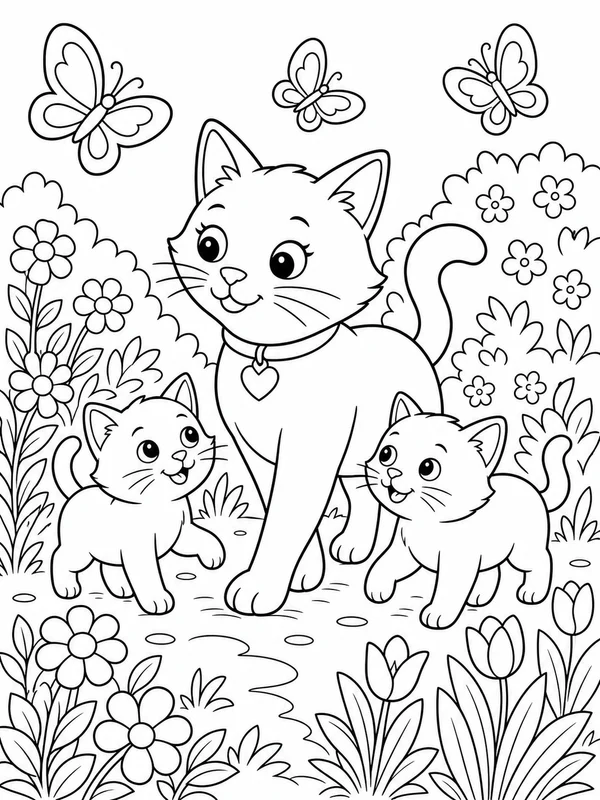 Parent cat walking through a garden coloring page printable line art