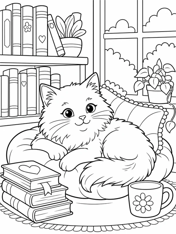 Fluffy cat relaxing in a reading nook beside books and a coloring page printable line art
