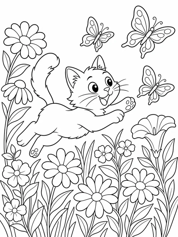 Energetic cat chasing butterflies through tall flowers coloring page printable line art