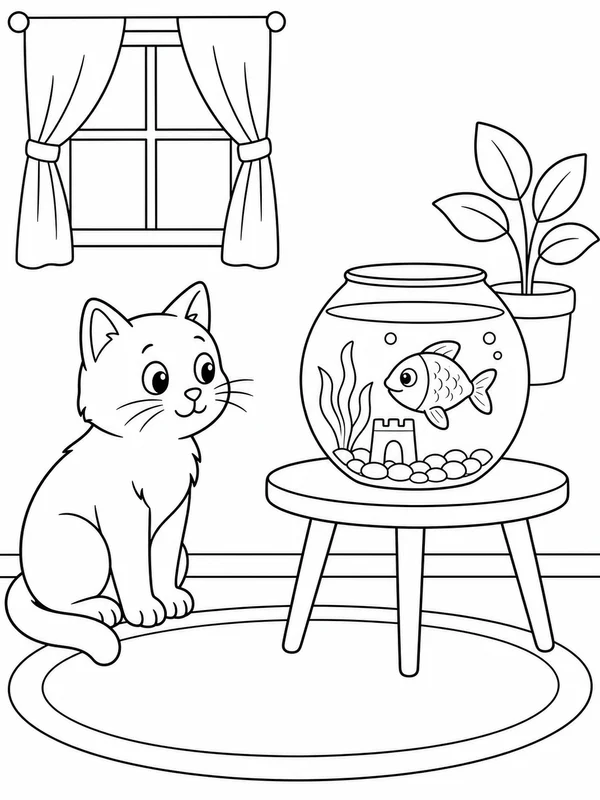 Friendly cat watching a fishbowl from a respectful distance coloring page printable line art