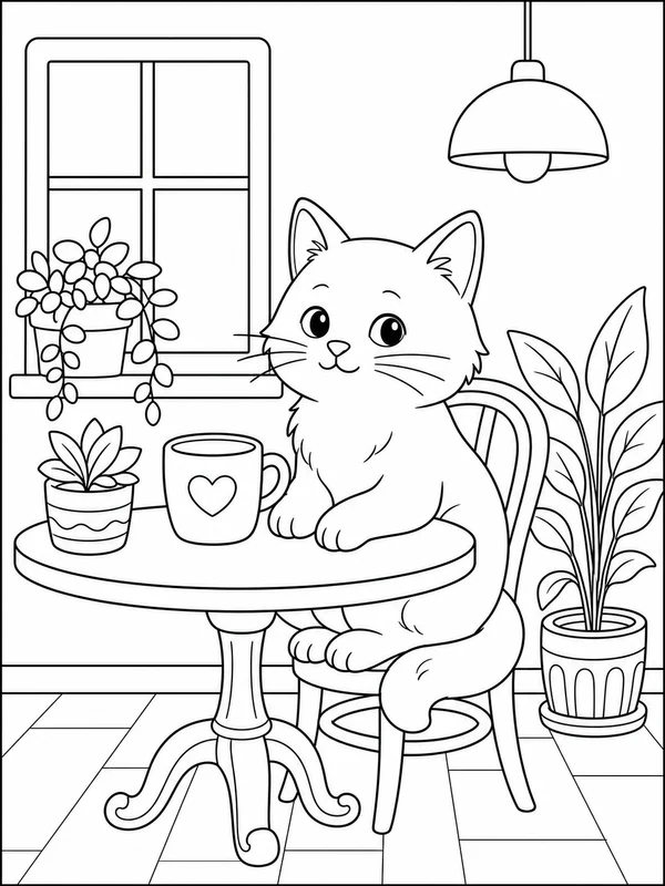 Calm cat sitting at a cafe table beside a mug and small coloring page printable line art
