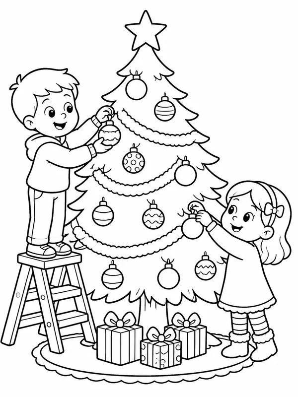 Children hanging ornaments on a Christmas tree beside a step coloring page printable line art