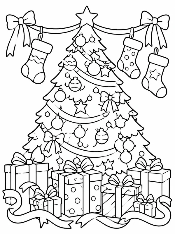 Christmas tree surrounded by wrapped presents coloring page printable line art
