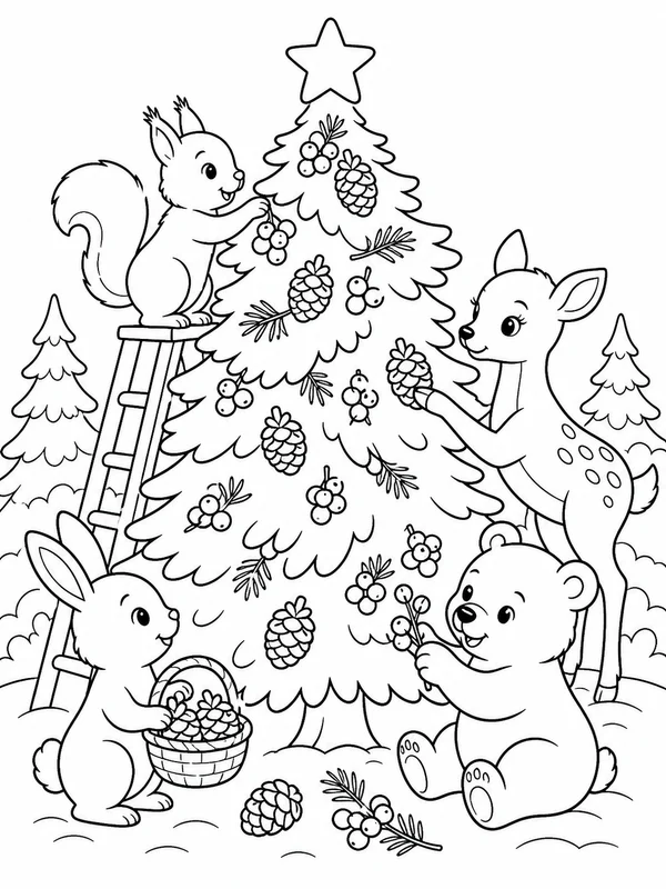 Woodland animals decorating a pine tree coloring page printable line art