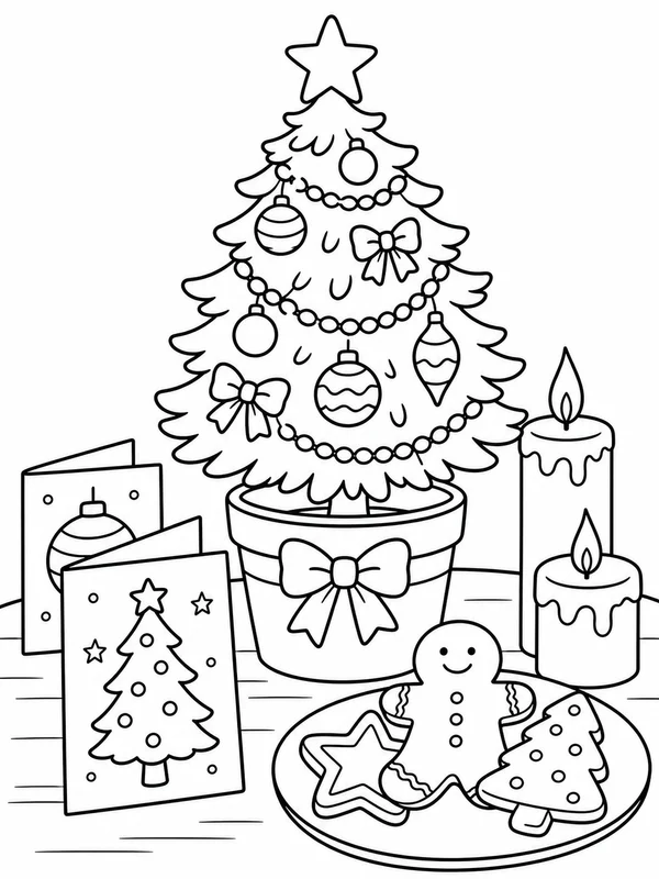 Tabletop Christmas tree in a pot beside cards coloring page printable line art