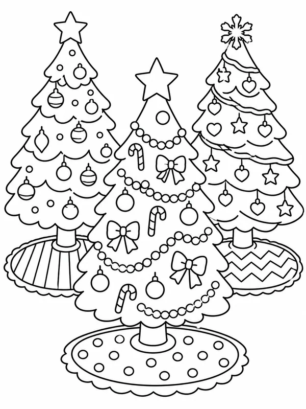 Three Christmas trees coloring page printable line art