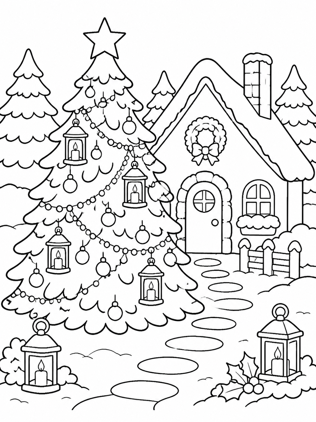 Snowy outdoor Christmas tree lit by lanterns beside a cottage coloring page printable line art