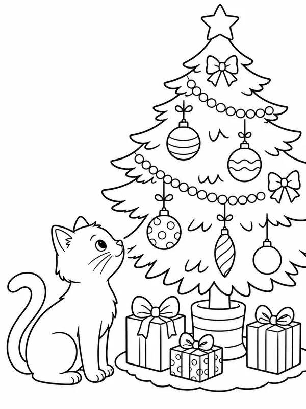 Cat watching ornaments hang from the lower branches of a tree coloring page printable line art
