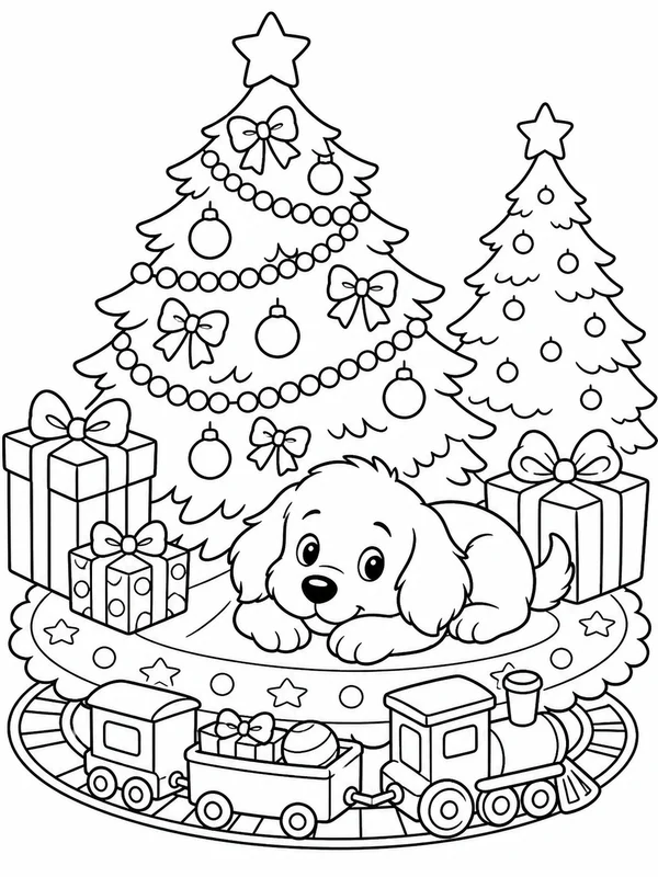 Puppy resting on a tree skirt beside presents and a toy train coloring page printable line art
