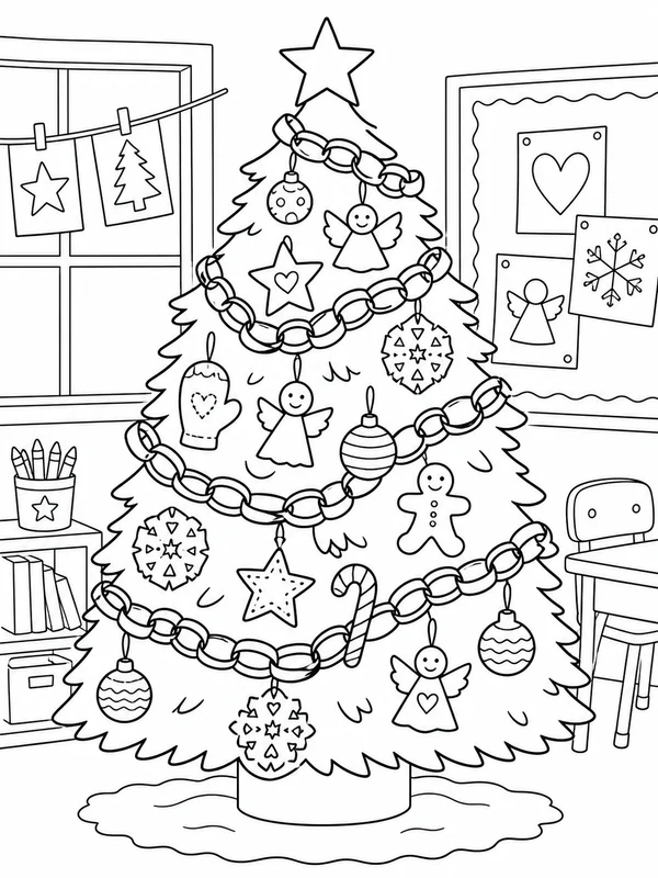 Classroom Christmas tree decorated coloring page printable line art