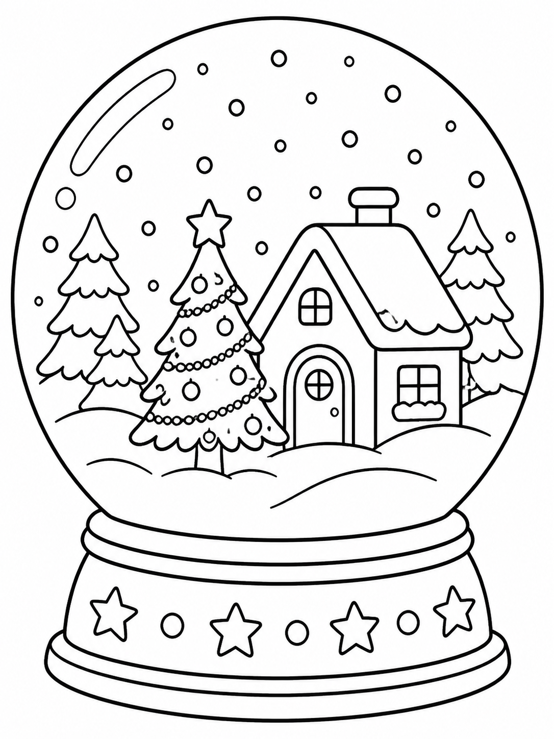 Tiny tree inside a snow globe with a cottage and falling snow coloring page printable line art