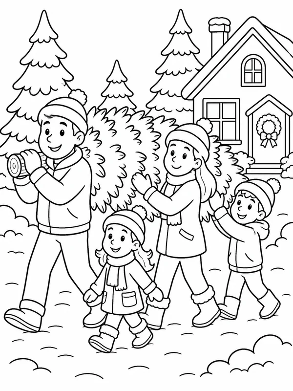 Family carrying a fresh Christmas tree through a snowy yard coloring page printable line art