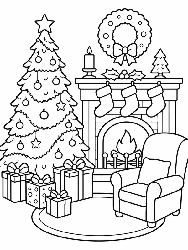Christmas tree beside a fireplace coloring page printable line art