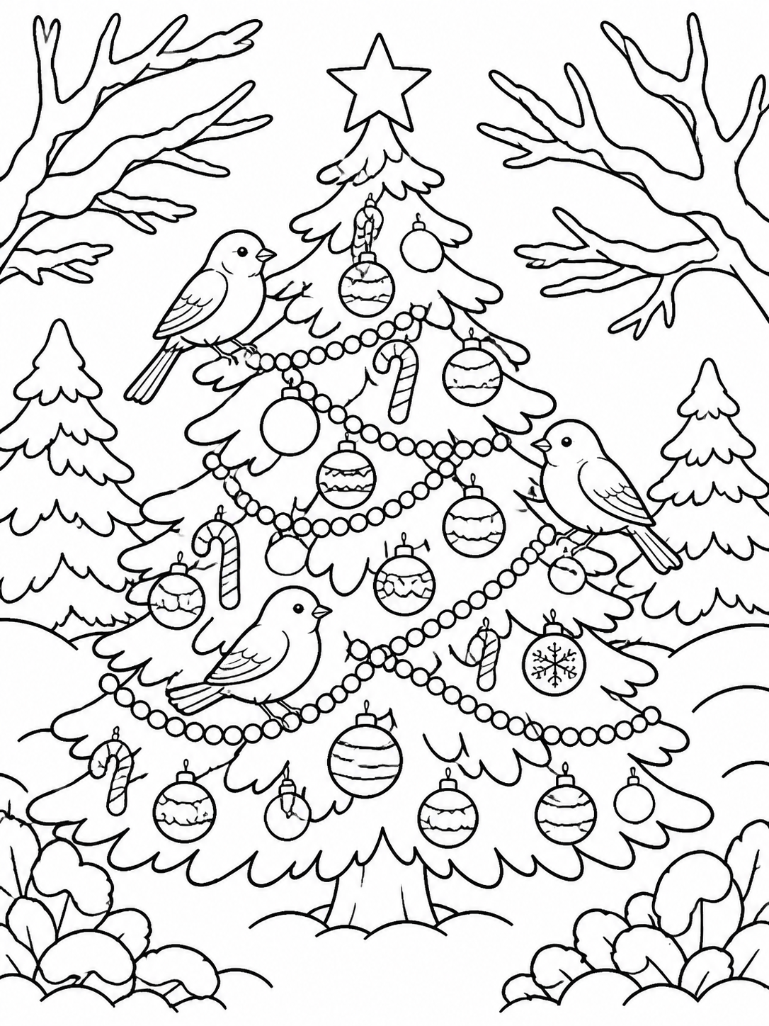 Birds perched in a decorated outdoor tree among snow-covered coloring page printable line art