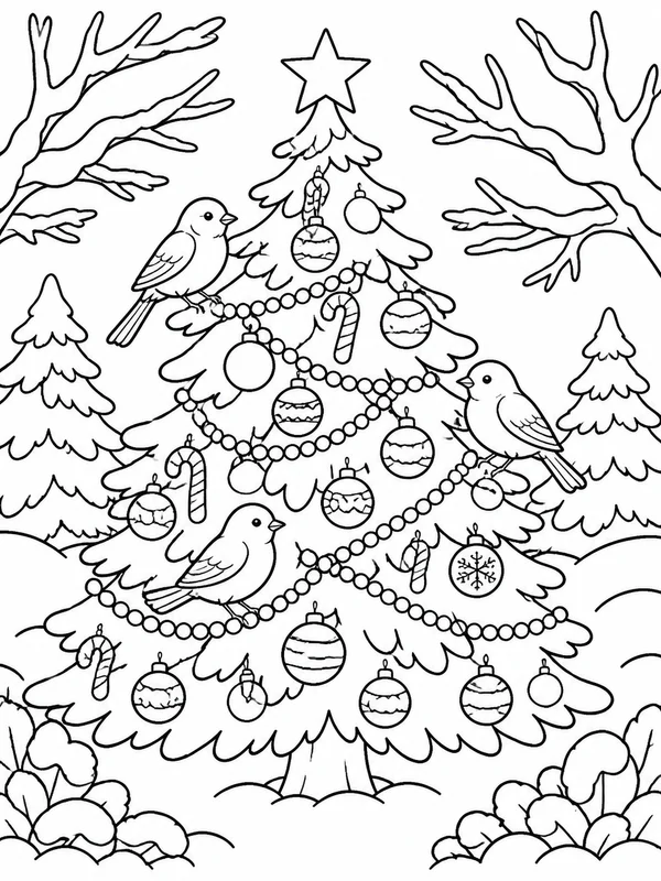 Birds perched in a decorated outdoor tree among snow-covered coloring page printable line art