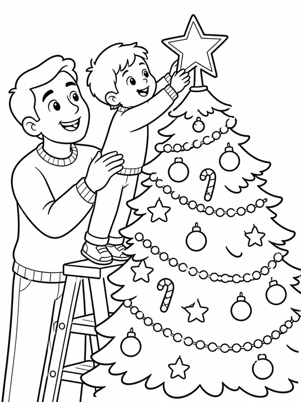 Tree topper scene with a child carefully placing a star with coloring page printable line art