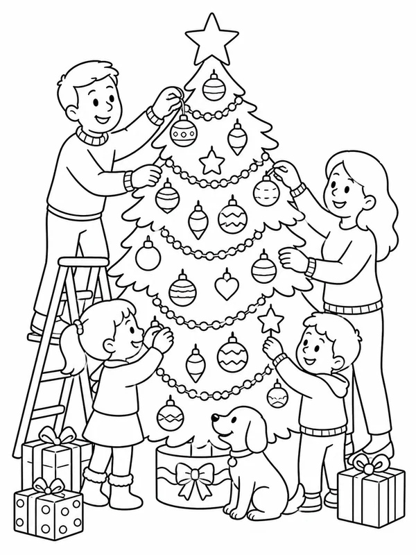 Family decorating a tall Christmas tree