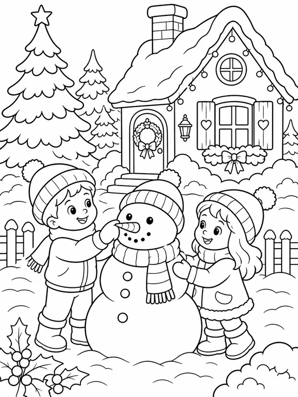 Two children building a snowman