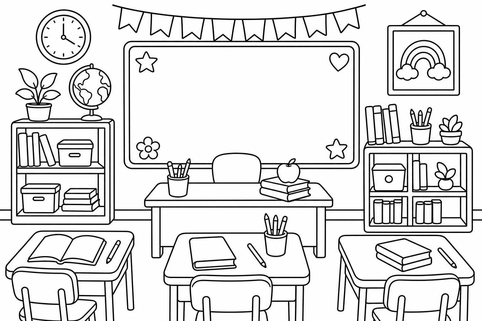 Cheerful classroom coloring page printable line art
