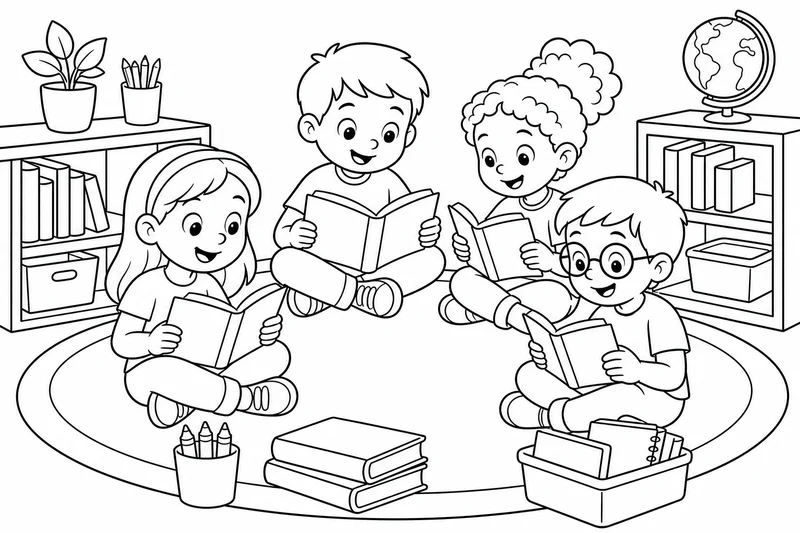Students reading together on a classroom rug coloring page printable line art