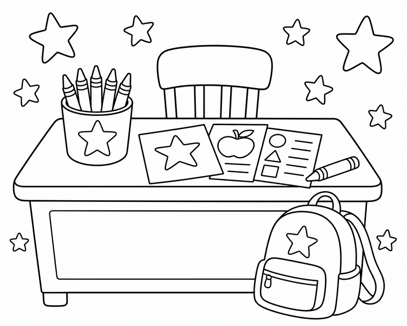 Escena de actividades para el aula para colorear en blanco y negro listo para imprimir