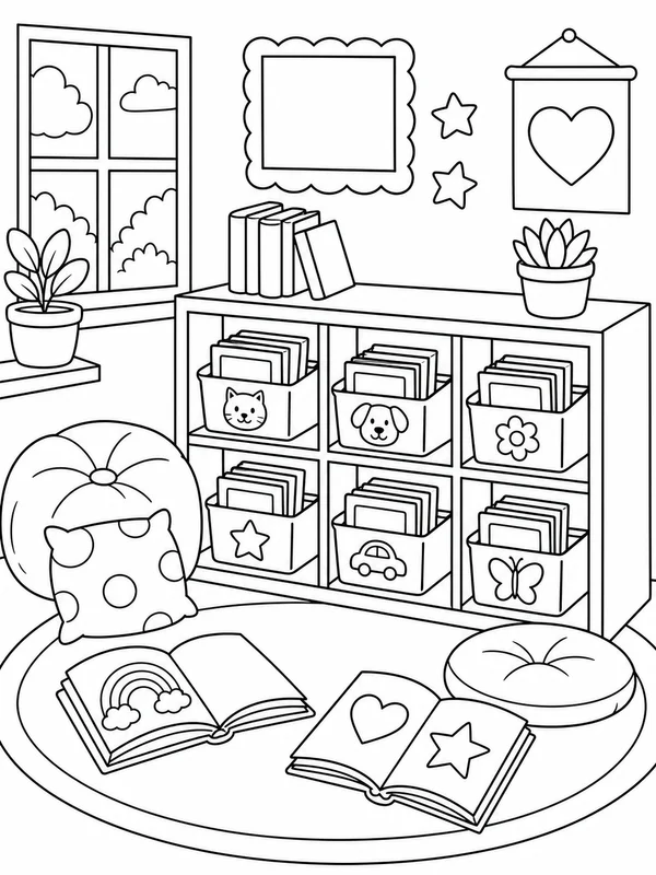 Classroom library corner coloring page printable line art