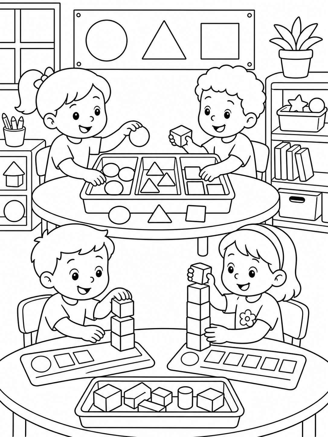 Children sorting shapes and counting blocks at learning coloring page printable line art