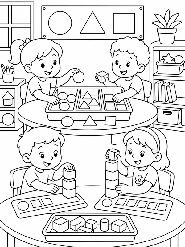 Children sorting shapes and counting blocks at learning coloring page printable line art