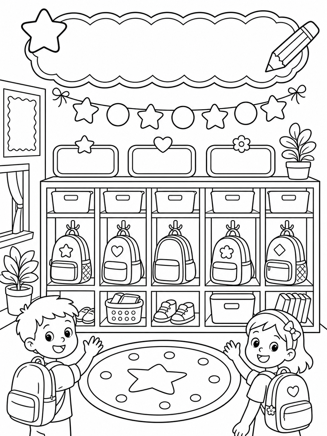 First-day classroom scene coloring page printable line art
