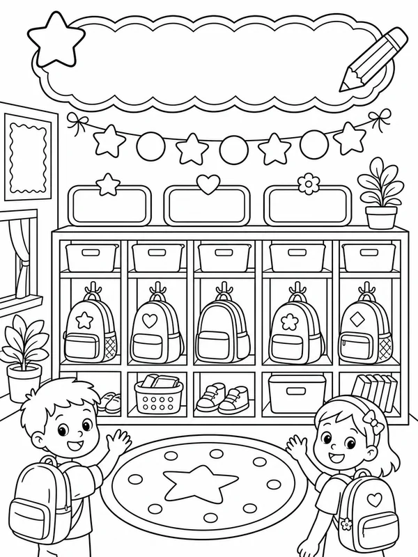 First-day classroom scene coloring page printable line art