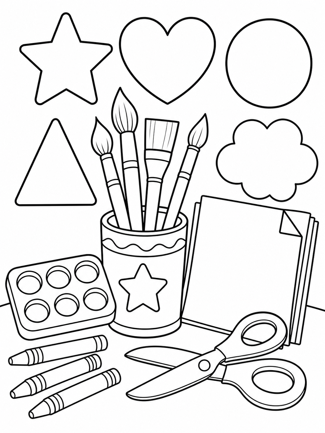 Art center with paintbrushes, paper, scissors, and large coloring page printable line art