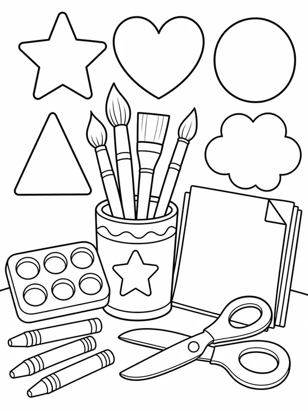 Art center with paintbrushes, paper, scissors, and large coloring page printable line art