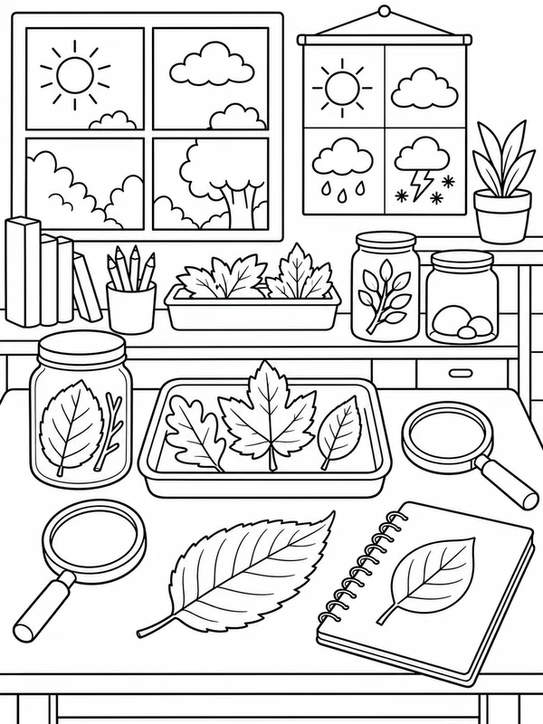 Science table with leaves, magnifying glasses, weather icons, coloring page printable line art