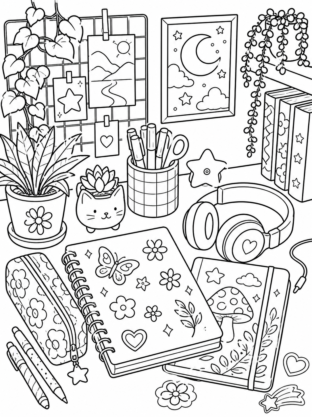 Detailed desk scene coloring page printable line art