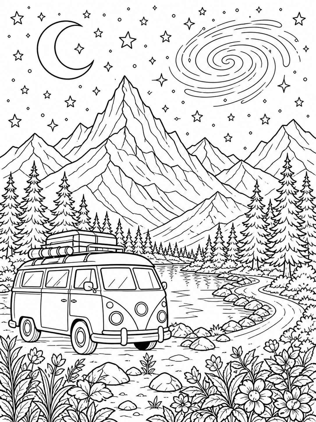 Intricate mountain landscape with a camper van and starry sky coloring page printable line art
