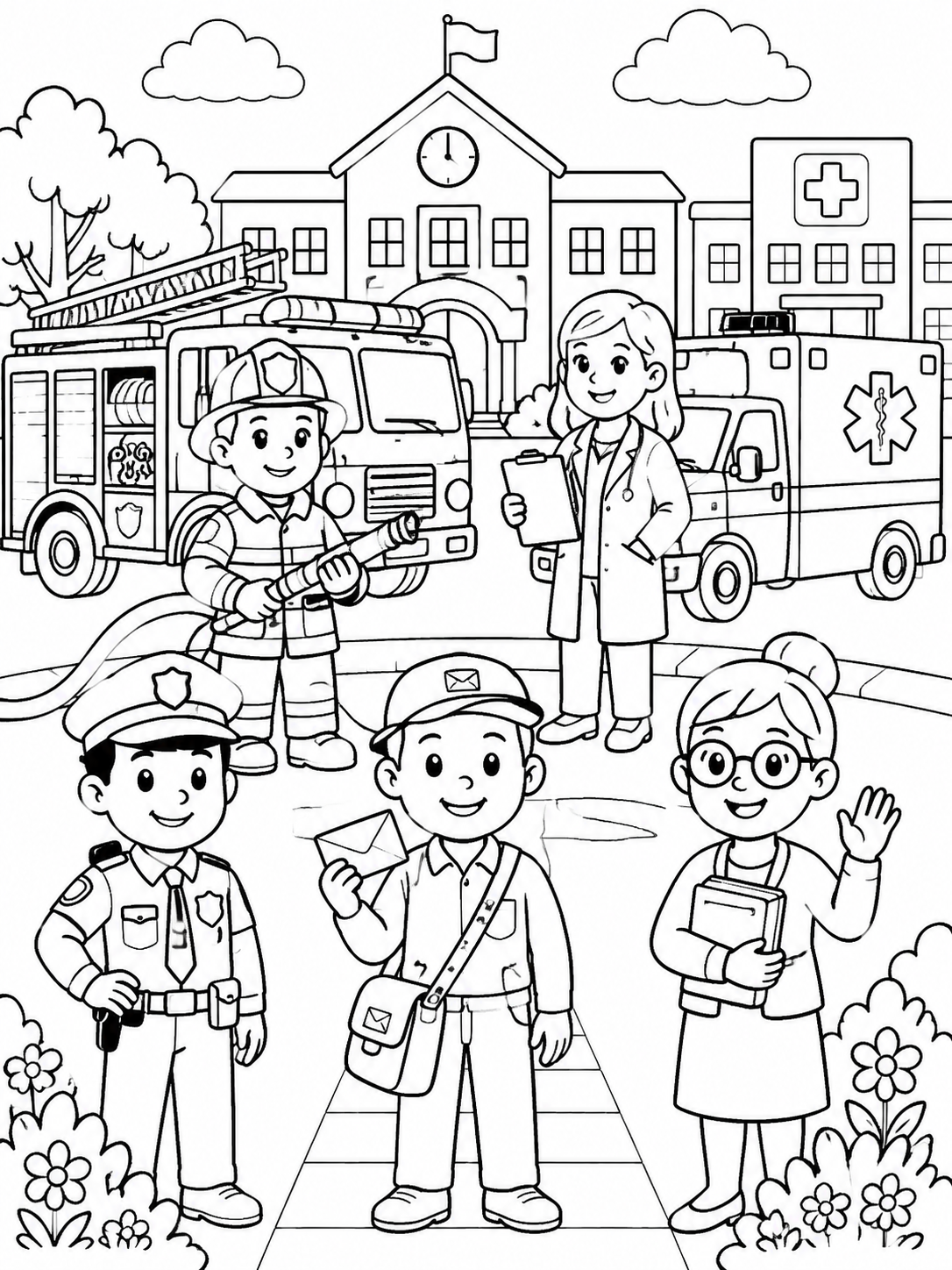 More detailed community helpers coloring pages scene printable line art