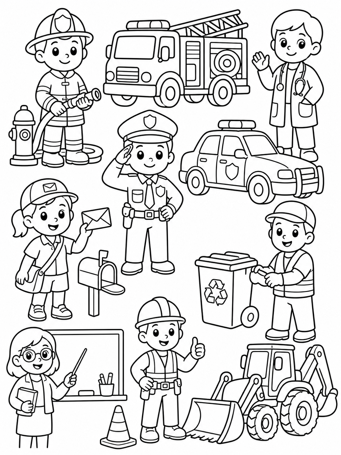 Cute community helpers coloring pages printable line art