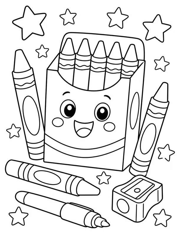 Cheerful crayon box surrounded by large crayons and stars coloring page printable line art
