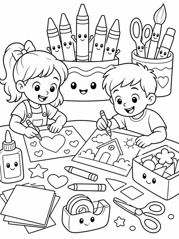 Children creating art with crayons, paper, and craft supplies coloring page printable line art