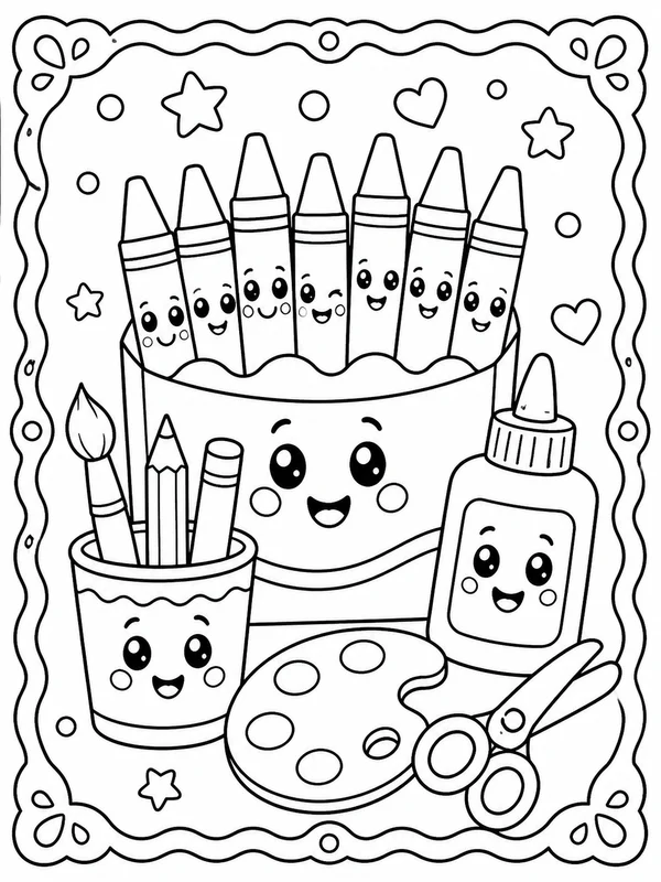 Printable a cheerful set of crayons and art supplies sample printable line art