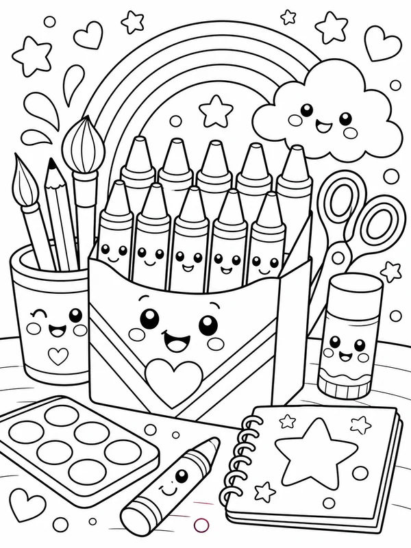 More detailed a cheerful set of crayons and art supplies scene coloring page printable line art
