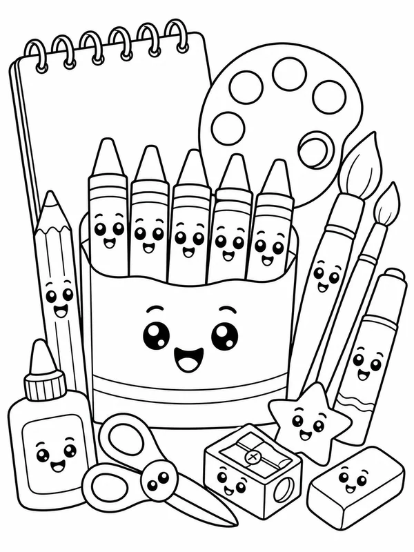 Cute a cheerful set of crayons and art supplies coloring page printable line art