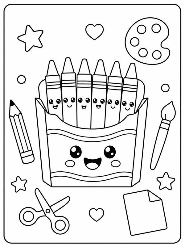Clean a cheerful set of crayons and art supplies coloring page printable line art
