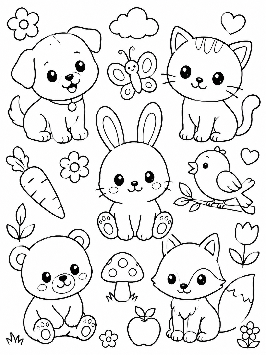 Diseño sencillo de animales adorables para colorear en blanco y negro listo para imprimir