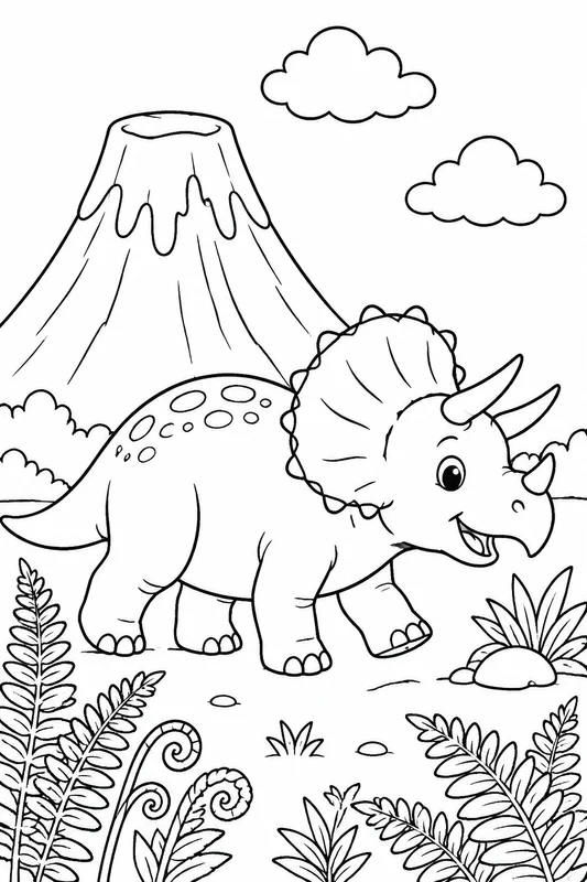 Friendly triceratops walking beside a volcano coloring page printable line art